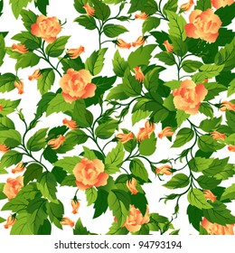 Beautiful seamless background with orange roses and green leafs.