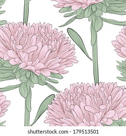Beautiful seamless background with pink flowers aster on a white background. Hand-drawn contour lines and strokes. Perfect for background greeting cards and invitations of the wedding, birthday