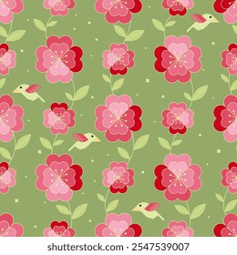 Fundo perfeito bonito com flores e pássaros cor-de-rosa. Vetor