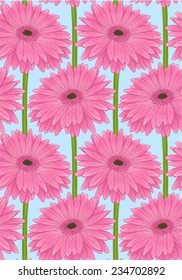 Beautiful seamless background with pink gerbera flower with a stem. Hand-drawn with effect of drawing in watercolor