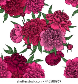 Hermoso fondo sin fisuras. peonías rosadas con hojas y brotes verdes. Perfecto para tarjetas de felicitación e invitaciones de la boda, cumpleaños, día de San Valentín, día de la madre y otras vacaciones de temporada