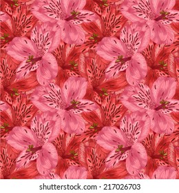 Beautiful seamless background with pink and red alstroemeria flower. Hand-drawn with effect of drawing in watercolor