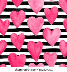 Beautiful seamless background. pink watercolor hearts on horizontal ink black and white stripes. design greeting card and invitation of the wedding, birthday, Valentine s Day, mother s day and holiday