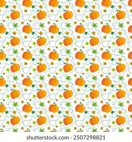 Beautiful seamless background with pumpkins and a vine with leaves