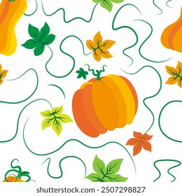 Beautiful seamless background with pumpkins and a vine with leaves