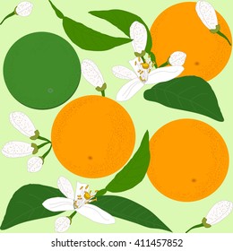 Beautiful seamless background with realistic vector oranges, leafs and flowers