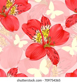 Beautiful seamless background with red alstroemeria flower, silhoette butterfly. design greeting card and invitation of the wedding, birthday, Valentine's Day, mother's day and other seasonal holiday