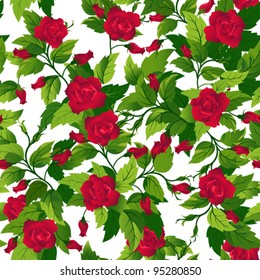Beautiful seamless background with red roses and green leafs.