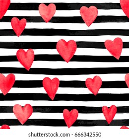 Beautiful seamless background. red watercolor hearts on horizontal ink black and white stripes. design greeting card and invitation of the wedding, birthday, Valentine s Day, mother s day and holiday