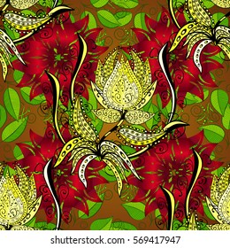 Beautiful seamless background with red and yellow flowes and green leafs.
