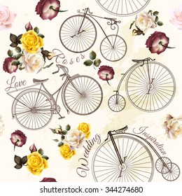 Beautiful seamless background with retro hand drawn bicycles and roses for wedding design