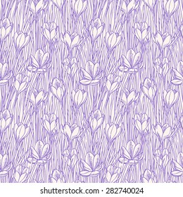 beautiful seamless background with sketch crocuses. hand-drawn illustration