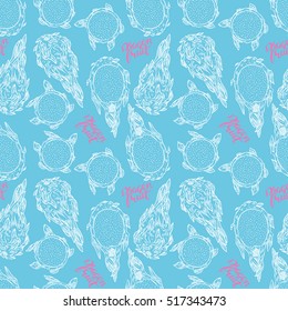 beautiful seamless background of sketch dragon fruit on a blue background. hand-drawn illustration