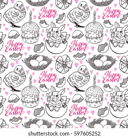 beautiful seamless background of sketch Easter symbols - rabbit, chicken, cake and others. Hand-drawn illustration