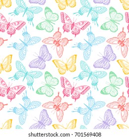 Beautiful seamless background of sketch multicolored butterflies. Hand-drawn illustration