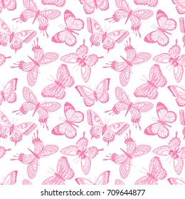 Beautiful seamless background of sketch pink butterflies. Hand-drawn illustration