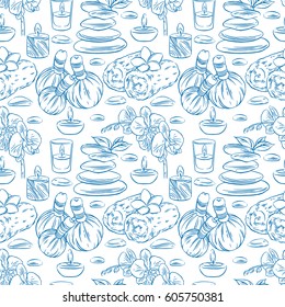 Beautiful seamless background of sketch spa accessories. hand-drawn illustration
