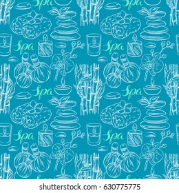 Beautiful seamless background of sketch spa accessories. hand-drawn illustration