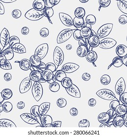 Beautiful seamless background with sketch sprigs of blueberry