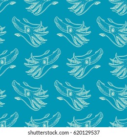 beautiful seamless background of sketch squids on a blue background. hand drawn illustration