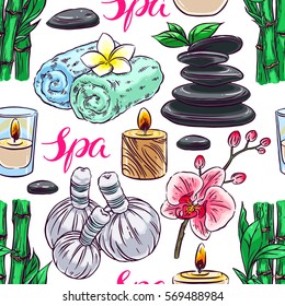 Beautiful seamless background of spa accessories. hand-drawn illustration