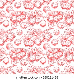 Beautiful seamless background with sprigs of red sketch gooseberry