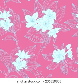 Beautiful seamless background with spring cherry blossoms in the pink