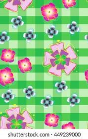 Beautiful seamless background with stylized flowers on on checkered.