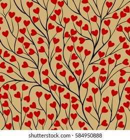 Beautiful seamless background with tree branches and leaf red heart. design for holiday greeting card and invitation of the wedding, Valentine's day, birthday and mother's day. i love you