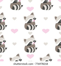 Beautiful seamless background. Trendy texture with raccoons. Cute face of a raccoon with hearts.