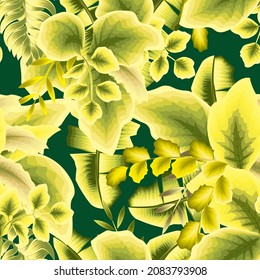 Beautiful seamless background with tropical plants on green background. Composition with botanical and exotic palm leaves. Exotic tropics. fashionable Summer design. wallpaper