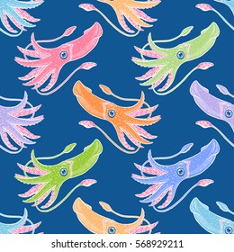 beautiful seamless background of varicolored squids. hand drawn illustration