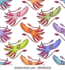 beautiful seamless background of varicolored squids. hand drawn illustration