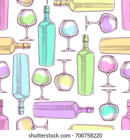 Beautiful seamless background of wine bottles and glasses. Hand-drawn illustration