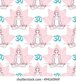 Beautiful seamless background of a woman in the lotus position. hand-drawn illustration