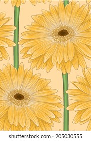 Beautiful seamless background with yellow gerbera flower with a stem. Hand-drawn with effect of drawing in watercolor