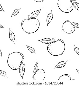 Beautiful seamless black and white pattern of apples and leaves of different sizes. Vector hand drawn fruit pattern for your design. Background from abstract apples.