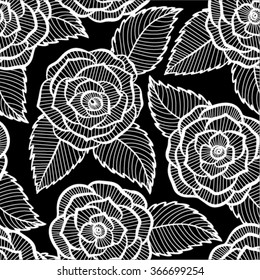 beautiful seamless black and white pattern in roses and leaves lace.  for design for greeting card and invitation of the wedding, birthday, Valentine's Day, mother's day and other seasonal holiday