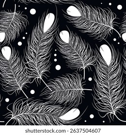 Beautiful seamless black and white vector pattern with line art peacock feathers, polka dots and circles. Elegant modern design for textile, fabric and wallpaper. Endless ornamental trendy texture.