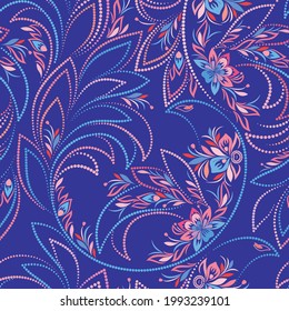 Beautiful seamless blue dotted pattern with magic birds. Traditional ethnic ornament. Vector print. Use for wallpaper, pattern fills,textile design.
