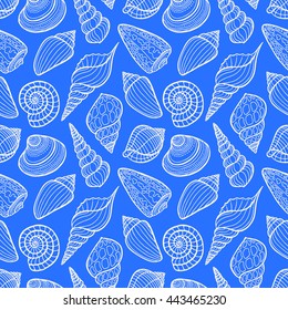 beautiful seamless blue pattern of sketch white seashells. hand-drawn illustration