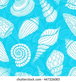 beautiful seamless blue pattern of sketch white seashells. hand-drawn illustration