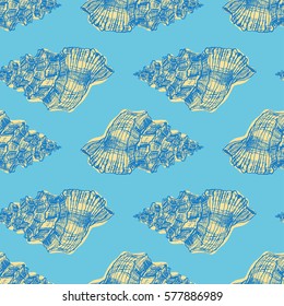 beautiful seamless blue pattern of sketch seashells. hand-drawn illustration