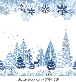 Beautiful seamless blue pattern with winter forest