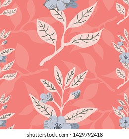 Beautiful seamless botanical floral pattern. A modern rendition of vintage style in coral, blue and ivory. Great for textiles, fashion, stationery, invitations, home decor and graphic design.