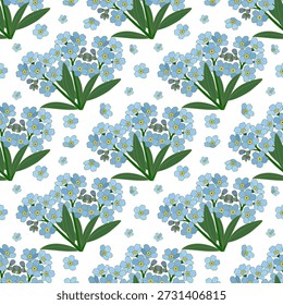 Un hermoso patrón botánico sin fisuras con racimos de flores azul claro que no se olvide de mí con hojas verdes y centros amarillos, dispuestos sobre un fondo blanco limpio. Perfecto para el diseño textil y de papel.