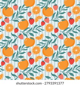Beautiful seamless botanical pattern with fresh oranges, delicate flowers, and strawberries. Perfect for textile prints, wallpaper, packaging, fabric, wrapping paper
