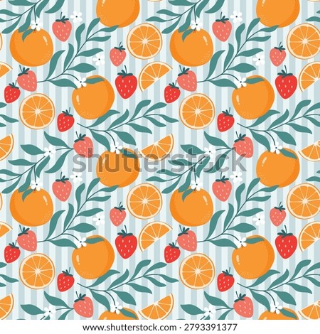 Beautiful seamless botanical pattern with fresh oranges, delicate flowers, and strawberries. Perfect for textile prints, wallpaper, packaging, fabric, wrapping paper