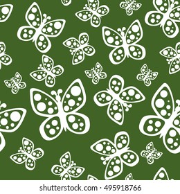 Beautiful seamless butterflies pattern in green and white colors.