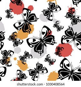 Beautiful seamless butterfly cloth pattern with bright red, orange and pale grey blotters on white. Wildlife butterfly linen theme vector. Repeating insect fabric artwork for wallpaper.